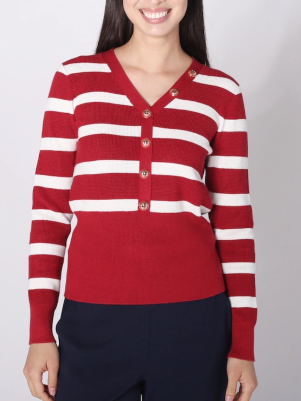 NWT Isaac Mizrahi Striped V-Neck Button Detail Sweater